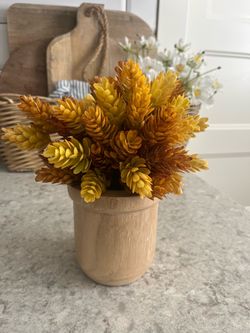 Faux Botanical Arrangement in Wooden Vase