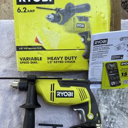 NEW RYOBI 6.2 Amp Corded 5/8” Vari Speed Hammer Drill Kit-D62OH-Chuck Key, Depth Gauge, Handle, 6 ft. Cord