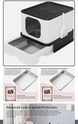Stainless Steel Cat Box: Large Black White Enclosed Design Litter Pan RIZZARI