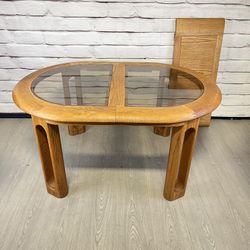 Vintage Post Modern Oak Oval Glass Top Dining Table With Leaf