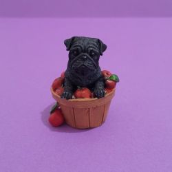 Danbury Mint Pug Dog Miniature Figure Collection in Basket with Apples - Black.
