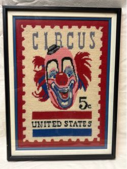 Vintage Framed USPS Postage Stamp Circus Clown Needlepoint Art