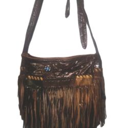 Crossbody Tassle Handbag Western Fringe Handbag Leather Faux Brown Turquoise 