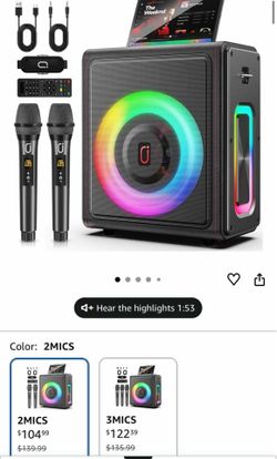 Karaoke Machine, Portable Bluetooth 5.3 Speaker with 2 Wireless Microphones