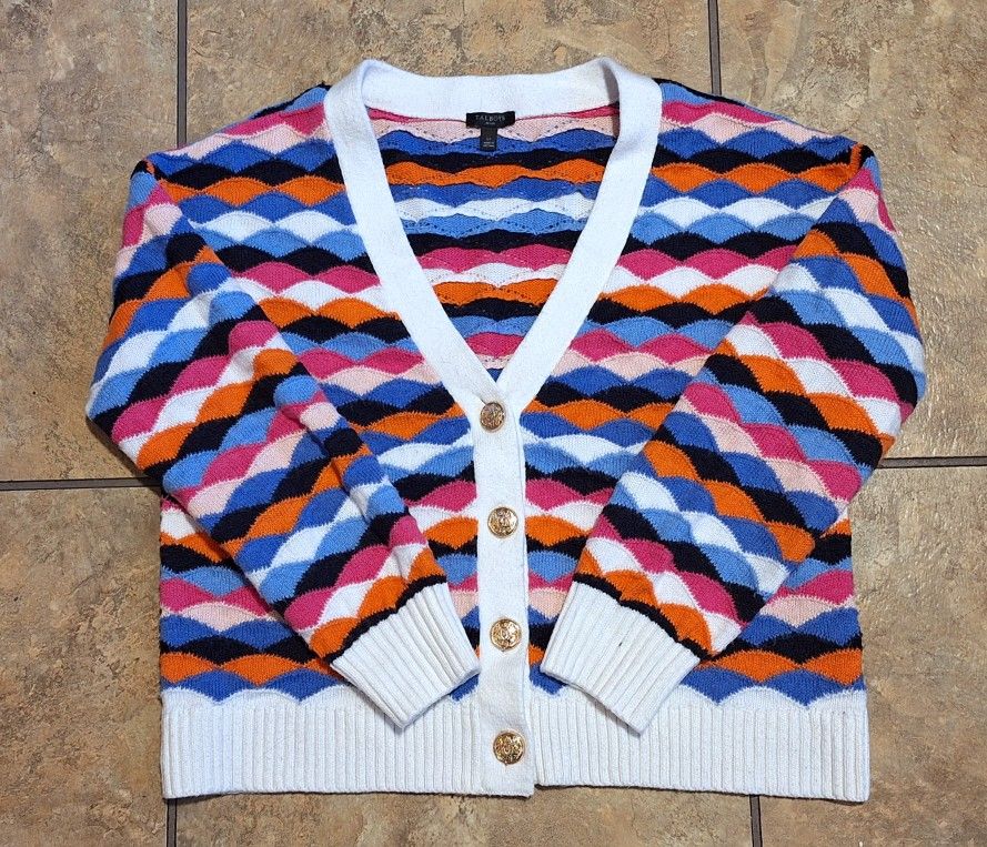 'Talbots' multi-colored wave pattern button-down cardigan sweater, PL
