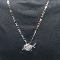 14k white Gold Filled Figaro Chain, With Shark Pendant! 14k Stamped.