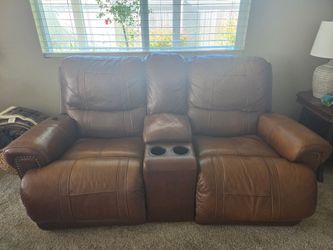 Brown Leather Reclining Loveseat with Console