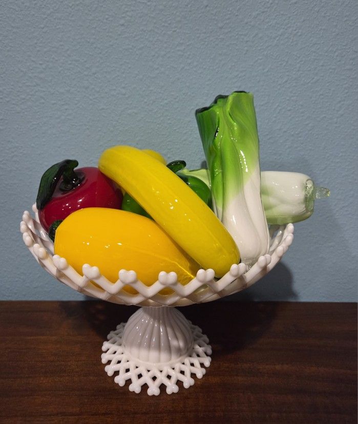 Westmoreland Open Lattice Milk Glass Pedestal Fruit Bowl & 7 Art Blown Glass Fruits&Veggie Murano