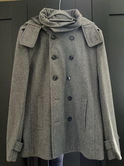 Gray Wool Double-Breasted Peacoat with Scarf