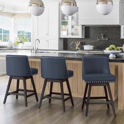3X navy Blue 26” Swivel Faux Leather Barstools 