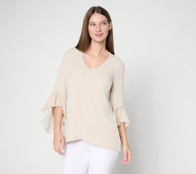 Susan Graver Liquid Knit Tunic w/ Woven Ruffle Sleeves Sandstone Petite XX-Small