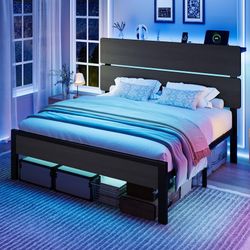 Queen Size Bed Frame, Led Light, Charging Station, Storage Shelf Wooden Headboard, Heavy Duty Slats Support, Metal Platform Bed, Under Bed Storage, No