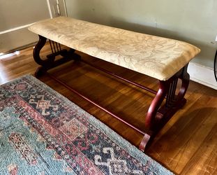 Mahogany Wood Bench with Upholstered Seat and Harp Shaped Legs