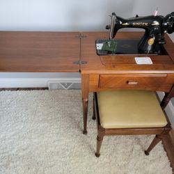 Vintage Singer Sewing Machine with Cabinet and Bench Seat