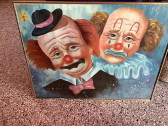Clown picture Two sad or weeping clowns (one foreground figure in a dark suit with a pink bow tie and bowler hat with a small yellow flower; a second