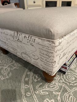 NEW-Upholstered Ottoman with French Script Print