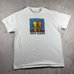 Keith Haring Best Buddies Art Men’s Large White T Shirt Cotton #10A
