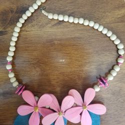 Handcrafted Wooden Lei Statement Necklace W/Pink Plumeria Flowers 