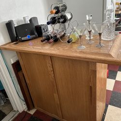Solid Oak Bar, Table & Padded Stools