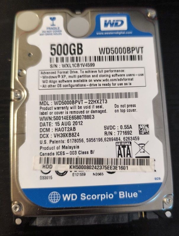 500gb hard drive HDD - WD Scorpio Blue - used but works fine