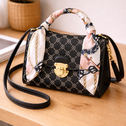 Elegant Black Printed Handbag with Scarf Handle – Gold Lock Crossbody Shoulder Bag