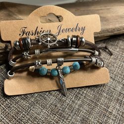 2305-PCM Turquoise, Silver, & Wooden Beads, Pendants Leather 4 Layer Bracelet