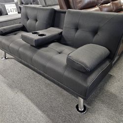 Brand New Black Linen Or Black/Brown Faux Leather Sofa Bed (Up: 66" x 31" x 29" H; Flat: 66" x 37" x 16" H) 