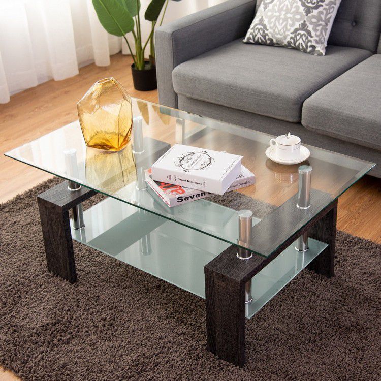 Tempered Glass Coffee Table with Shelf