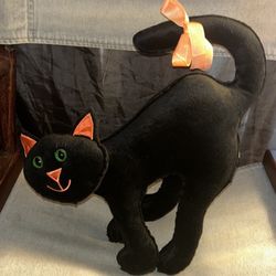 Vintage Kids of America Halloween Black Cat Plush Toy with Orange Accents