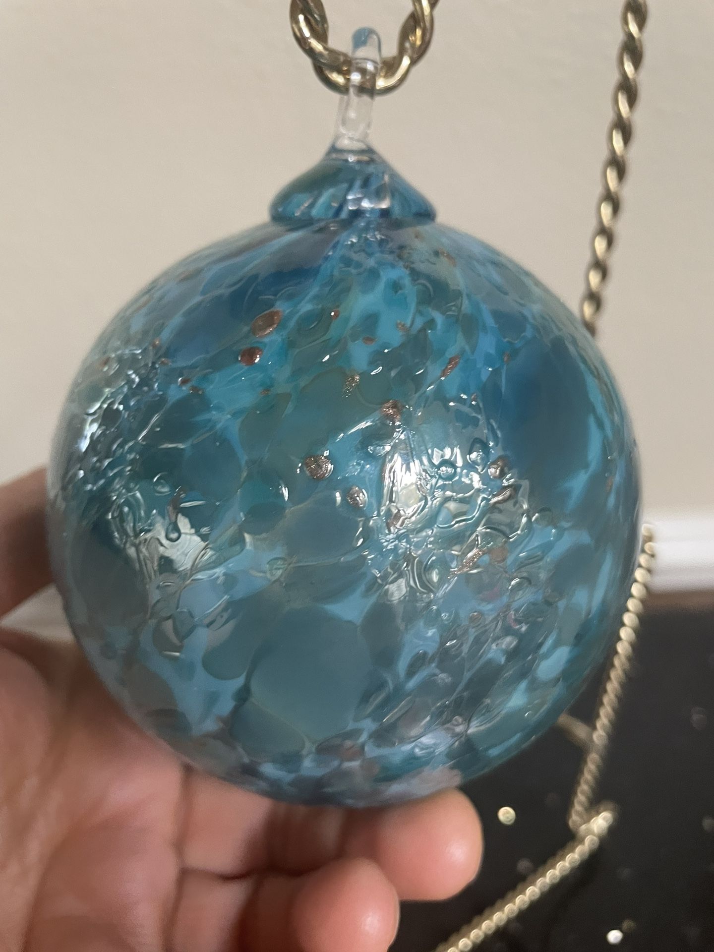 Hand Blown Art Glass Ornament Ball Aqua Blue 4 1/2”