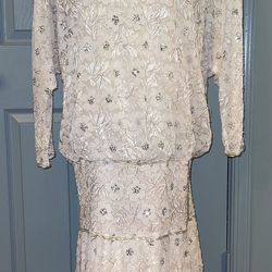 Judith Ann Creations Vintage Pink Lace Sequin Drop Waist Dress. Size Medium