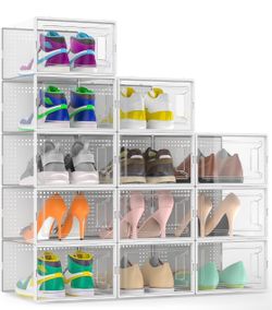 12 Pack Large Stackable Clear Plastic Shoe Storage Boxes Organizer, White Easy to Assemble and Stack, Fit Size 9, Ventilated Dust-Proof, For Sneaker,