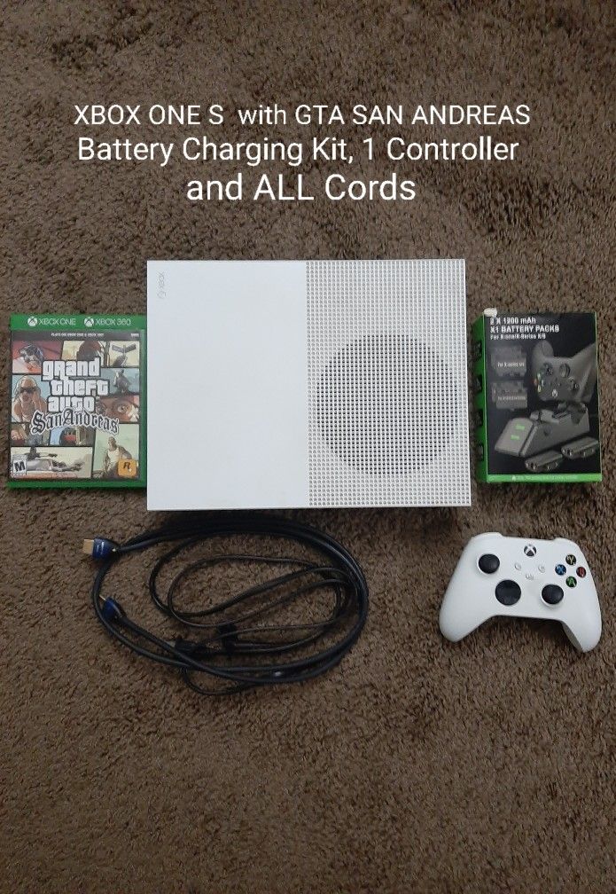 XBOX ONE S (Excellent Condition) with GTA SAN ANDREAS, Battery Charging Kit, 1 Controller And ALL Cords 