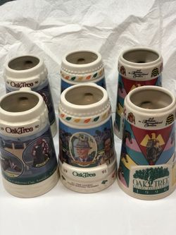 6 - COLLECTIBLE OAK TREE AT SANTA ANITA BEER STEINS - TWO 1990s TWO 1991s TWO 1996s - 7” TALL NEVER BEEN USED - EXCELLENT CONDITION