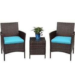 3-Piece Patio Outdoor Bistro Furniture Set, All-Weather Black Wicker Chairs and Glass Side Table, Blue Cushion