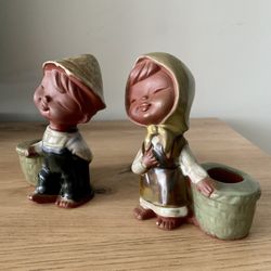 Vintage UCTCI JAPAN Boy and Girl Candlestick Holders 4 1/4" Tall Red Clay