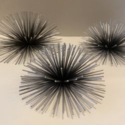 MCM metal Sea Urchin  sunburst silver & black wall hangings. Set of three. 7.5 & 6.5 inch & 5.5 inches.