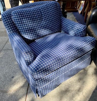 #109659 Blue White Checked Upholstered Swivel Chair with Arms 33” L x 28” D x 29” H 