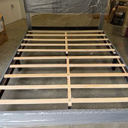 Queen Bed Frame, Platform Bed Frame Queen Size with Dark Gray Fabric Upholstered Headboard and Slats Support, Bedroom Furniture, No Box Spring Needed,