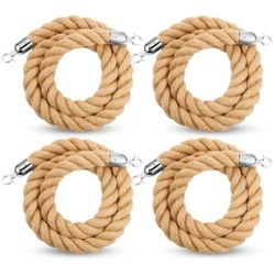 4 Pack Hemp Stanchion Ropes 6 Feet Braided Rope Barrier with Silver Hooks for Queue Crowd Control Movie Theaters, Grand Openings, Celebrations (Jute)
