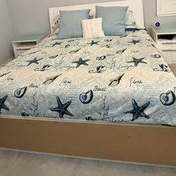 KING SIZE 4 DRAWER PEDESTAL BED! White/tan. NO BOX SPRING NEEDED $100