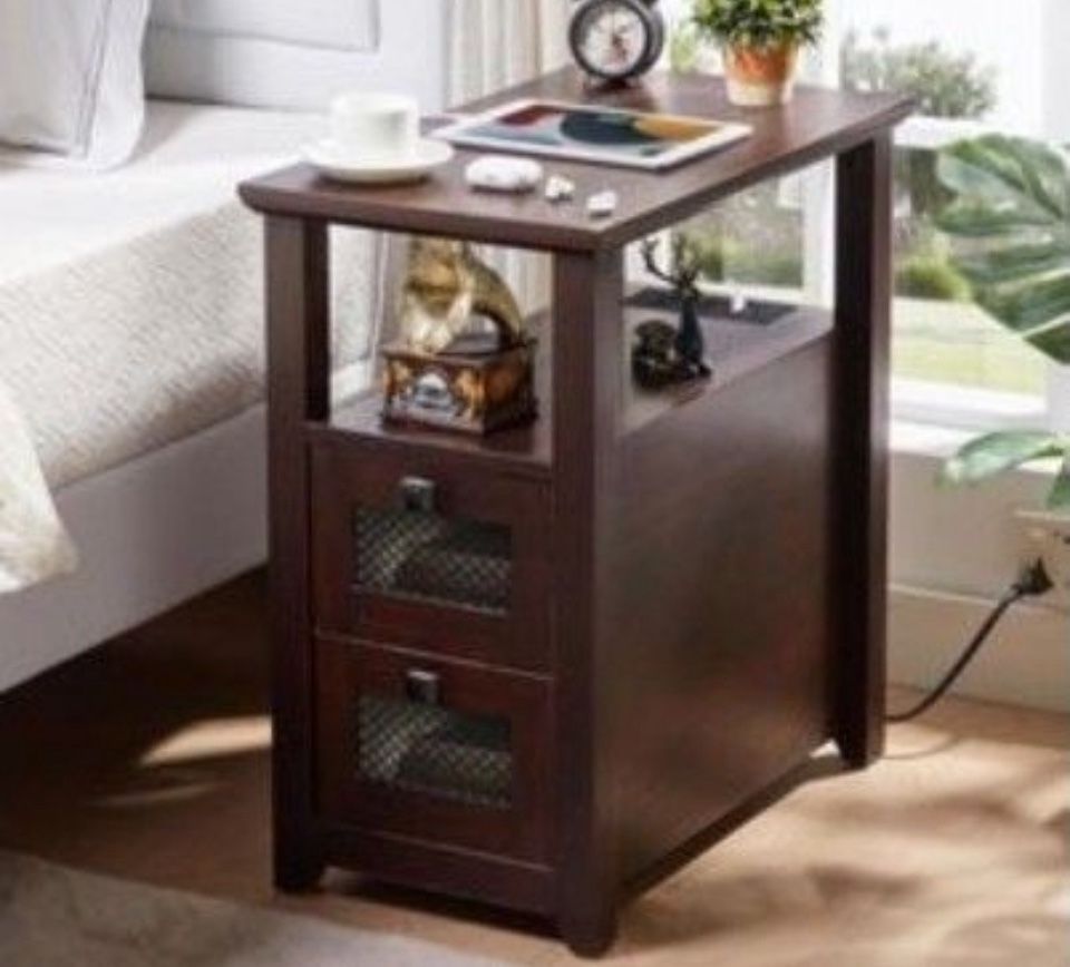 Open Box HDDDZSWFarmhouse XXL End Table with Charging Station, Narrow Side Table with USB Ports and Outlets, Nightstand with 2 Drawers Storage, Bedsid