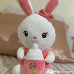 Pink Cute Bunny Plush Holding Bottle 15 Inch