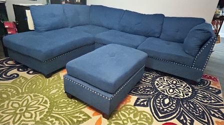 104" Wide Blue Sofa & Chaise with Ottoman