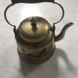 💎Beautiful Chinese BRASS TEAPOT decorated with LEAF design & stones💎Rare Find!