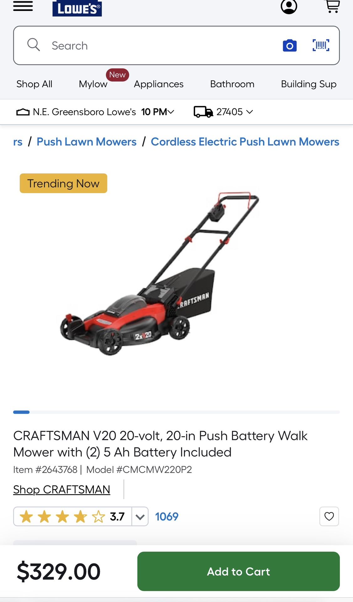 CRAFTSMAN V20 20-volt, 20-in Push Battery Walk Mower