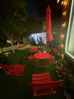 Red tables and seating