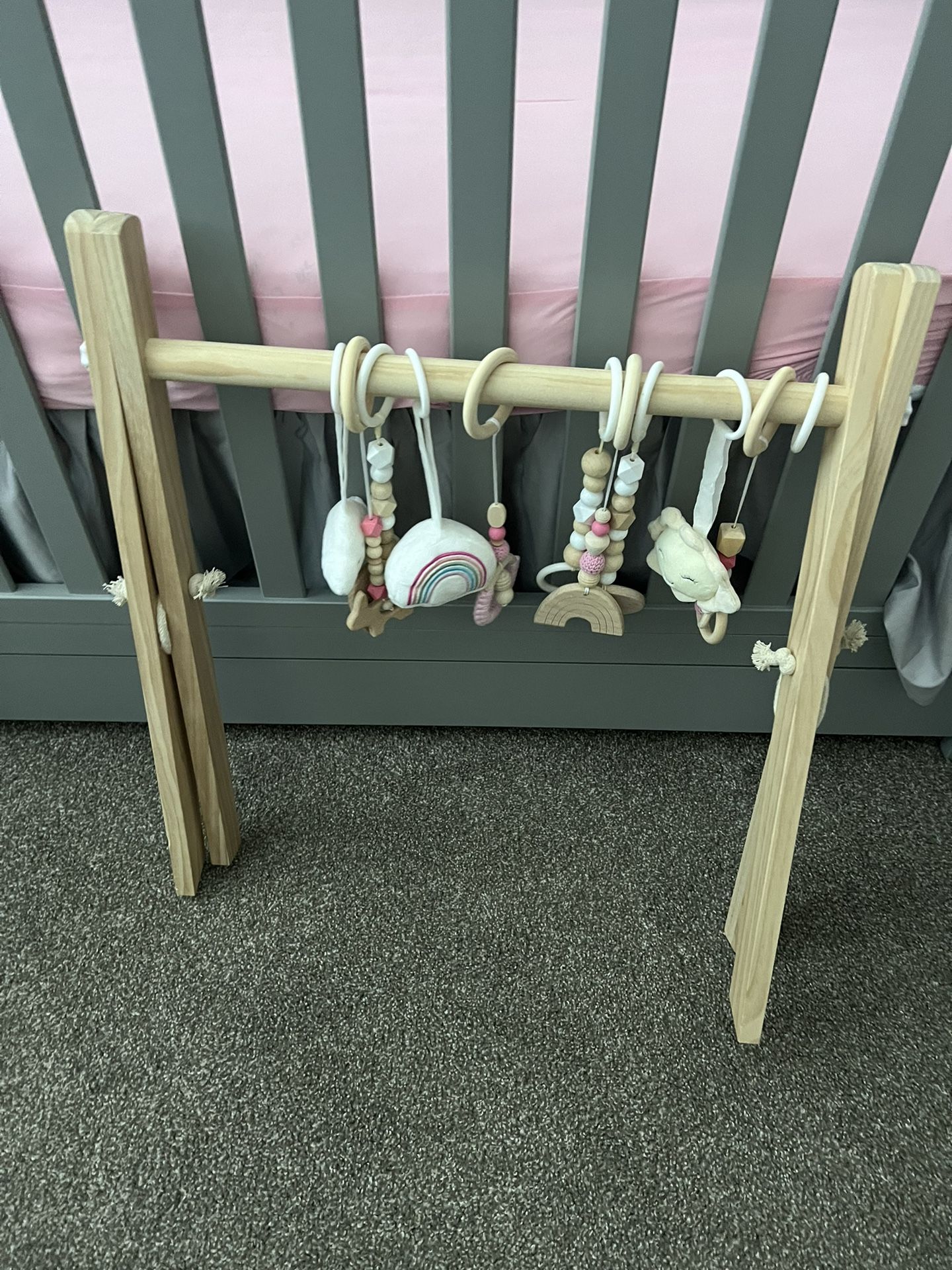 Wooden Baby Gym with 6 Baby Toys, Foldable Baby Play Gym