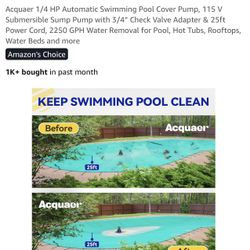 Acquaer 1/4 HP Automatic Swimming Pool Cover Pump, 115 V Submersible Sump Pump with 3/4” Check Valve Adapter & 25ft Power Cord, 2250 GPH Water Removal