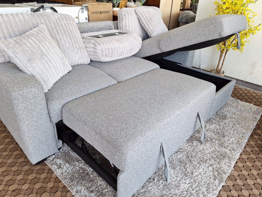New Gray Upholstered Sleeper Sofa W Storage